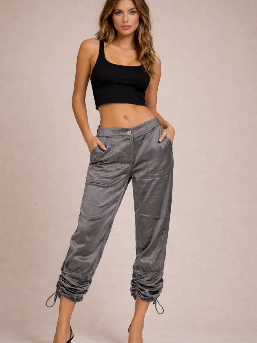 bebe Y2K Satin Cargo Pants Low Rise Jogger Drawstring Harem Metallic Gray XS